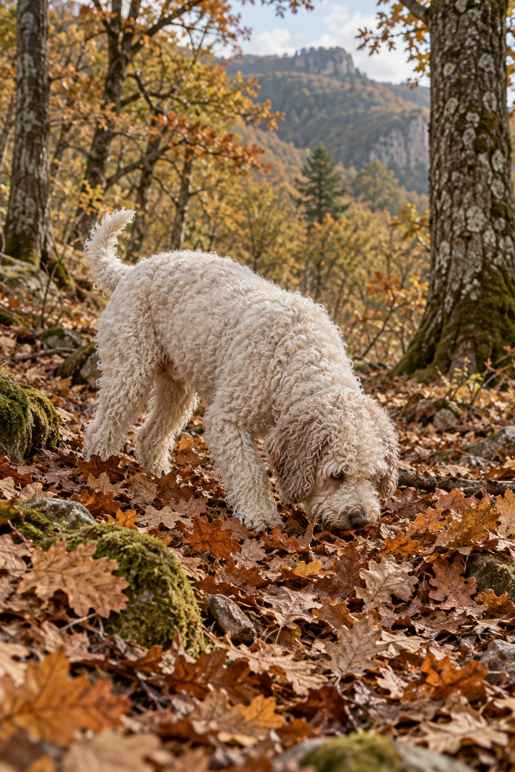 Un cane da tartufo che fiuta il terreno nel bosco